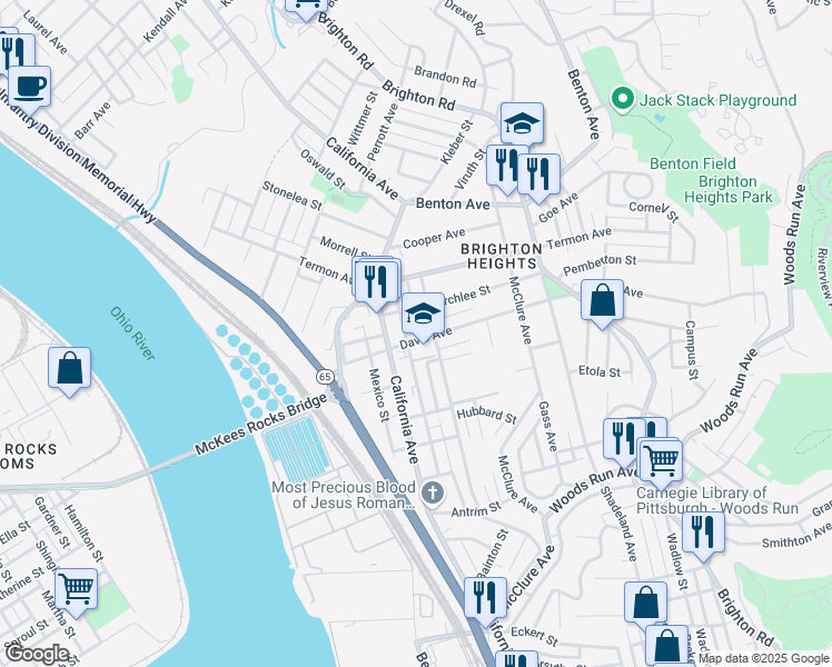 map of restaurants, bars, coffee shops, grocery stores, and more near 1612 Davis Avenue in Pittsburgh