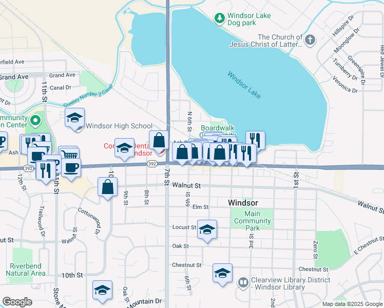 map of restaurants, bars, coffee shops, grocery stores, and more near 113 North 6th Street in Windsor