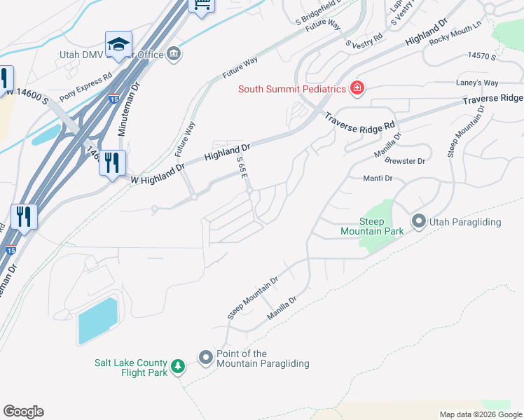 map of restaurants, bars, coffee shops, grocery stores, and more near 14906 Treseder Street in Draper