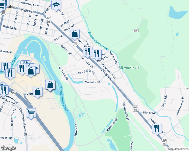 map of restaurants, bars, coffee shops, grocery stores, and more near 116 Sea Gull Drive Southeast in New Philadelphia