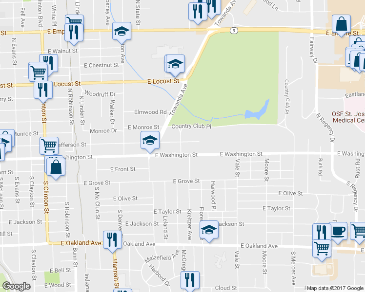 map of restaurants, bars, coffee shops, grocery stores, and more near 1219 East Jefferson Street in Bloomington