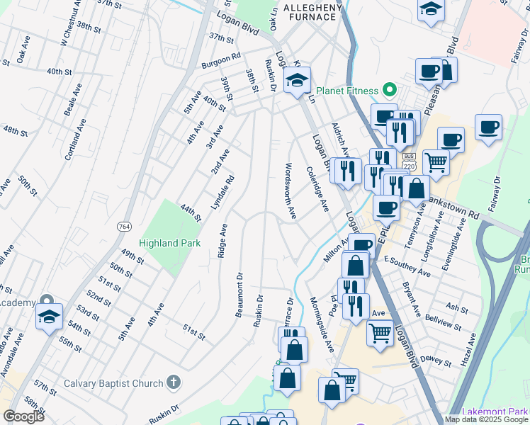 map of restaurants, bars, coffee shops, grocery stores, and more near 201 Beaumont Drive in Altoona