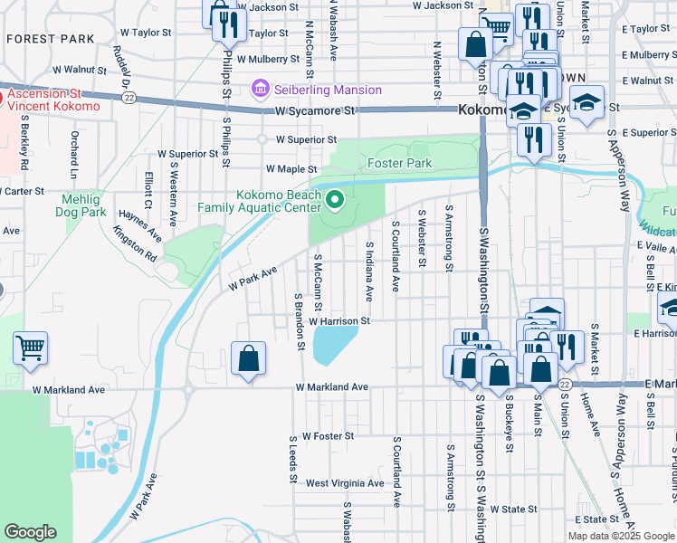 map of restaurants, bars, coffee shops, grocery stores, and more near 619 South Wabash Street in Kokomo