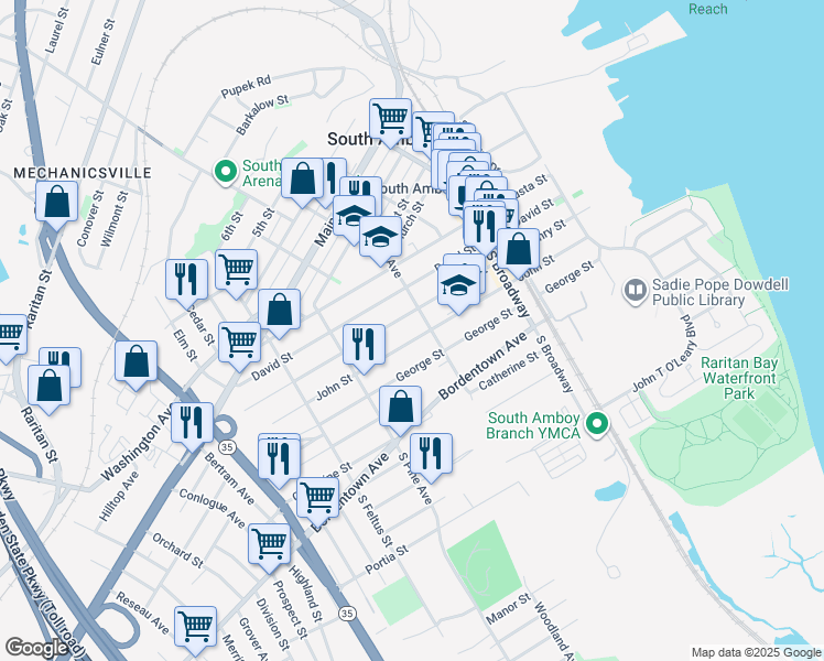 map of restaurants, bars, coffee shops, grocery stores, and more near 314 John Street in South Amboy
