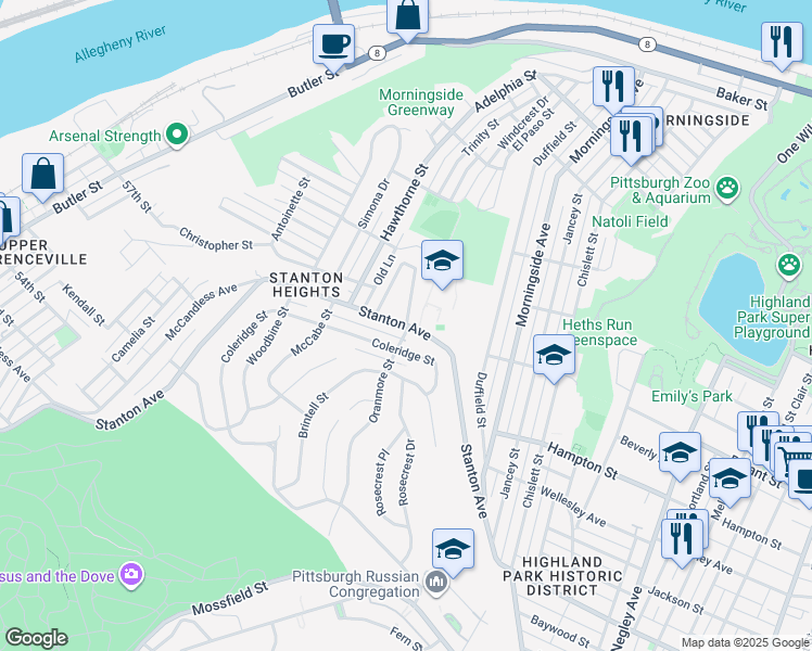 map of restaurants, bars, coffee shops, grocery stores, and more near in Pittsburgh