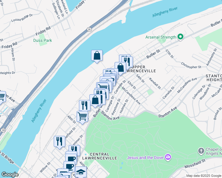 map of restaurants, bars, coffee shops, grocery stores, and more near in Pittsburgh