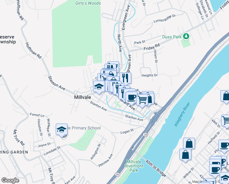 map of restaurants, bars, coffee shops, grocery stores, and more near 500 Grant Avenue in Pittsburgh