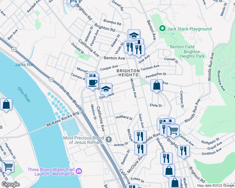 map of restaurants, bars, coffee shops, grocery stores, and more near 1519 Davis Avenue in Pittsburgh
