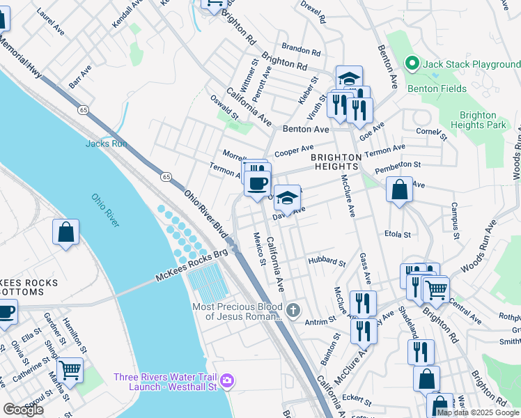 map of restaurants, bars, coffee shops, grocery stores, and more near 3615 California Avenue in Pittsburgh