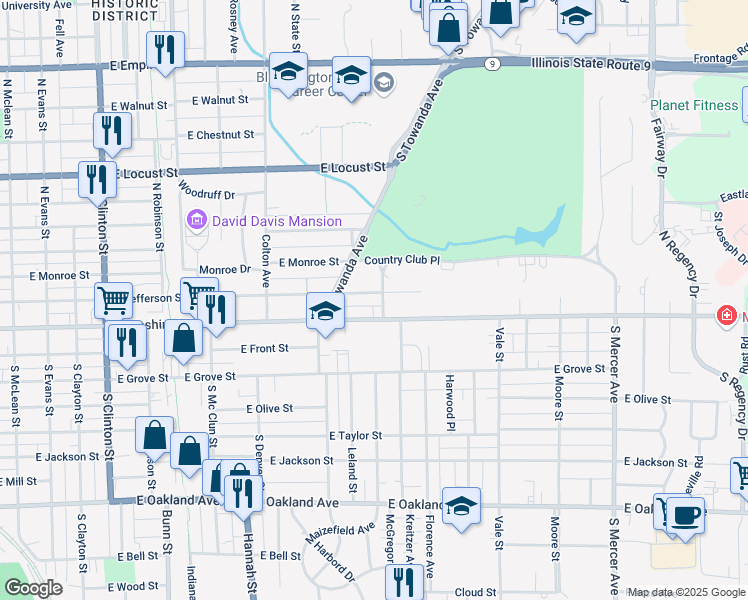 map of restaurants, bars, coffee shops, grocery stores, and more near 1219 East Jefferson Street in Bloomington