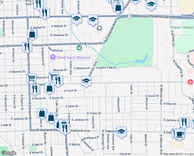 map of restaurants, bars, coffee shops, grocery stores, and more near 1205 East Jefferson Street in Bloomington