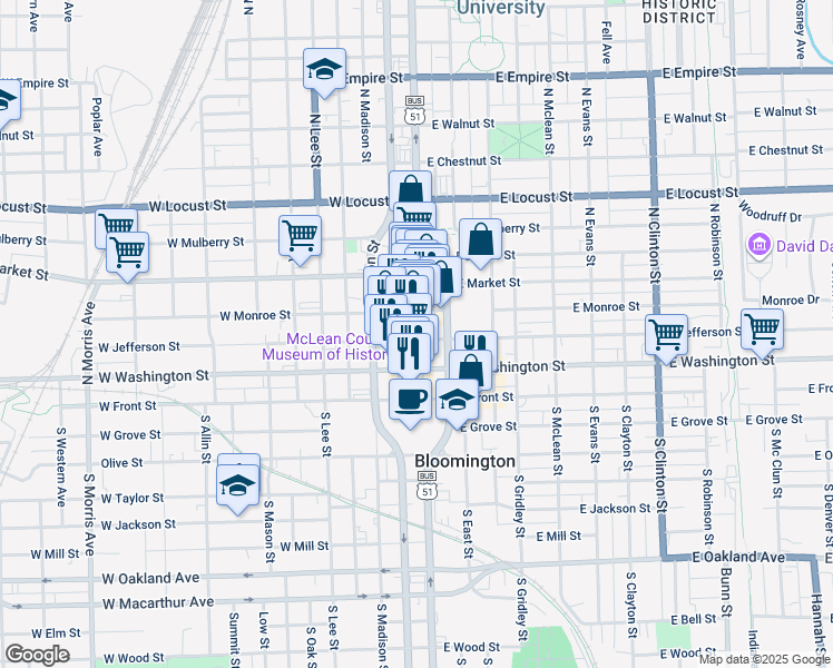 map of restaurants, bars, coffee shops, grocery stores, and more near 301 North Main Street in Bloomington