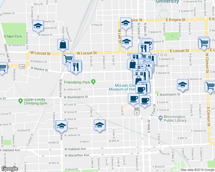 map of restaurants, bars, coffee shops, grocery stores, and more near 611 West Jefferson Street in Bloomington