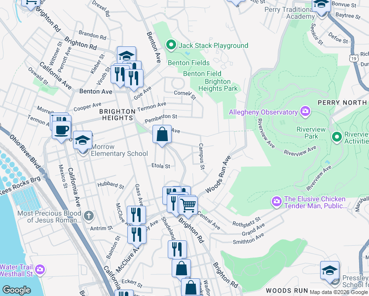 map of restaurants, bars, coffee shops, grocery stores, and more near 1115 Stanford Road in Pittsburgh