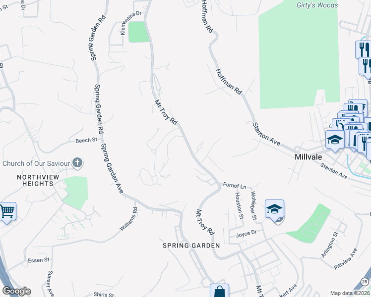 map of restaurants, bars, coffee shops, grocery stores, and more near 3073 Mount Troy Road in Pittsburgh