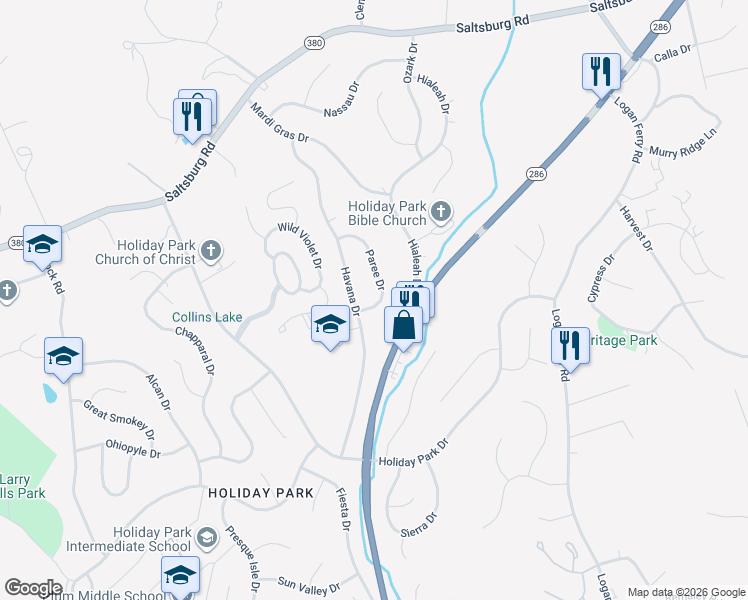 map of restaurants, bars, coffee shops, grocery stores, and more near 109 Paree Dr in Pittsburgh