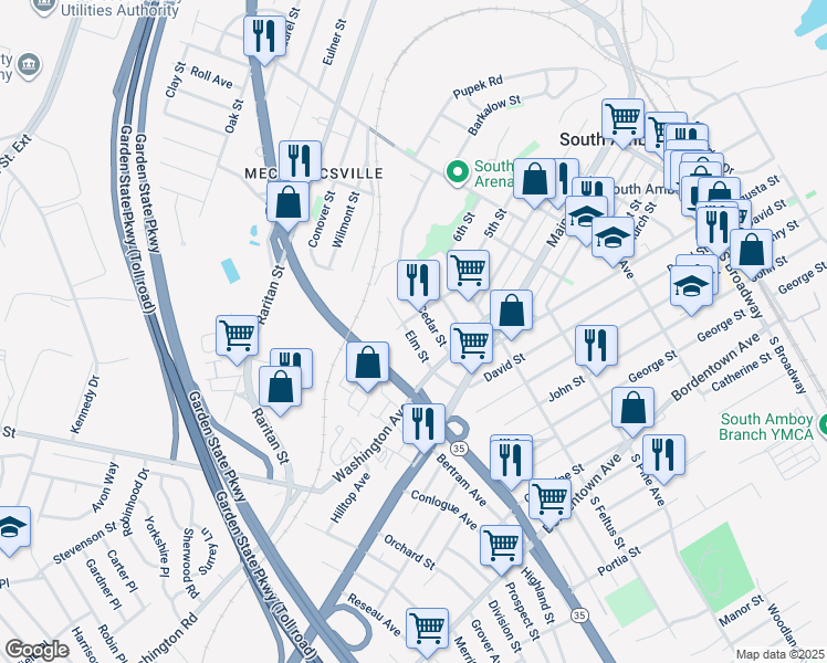 map of restaurants, bars, coffee shops, grocery stores, and more near 239 Elm Street in South Amboy