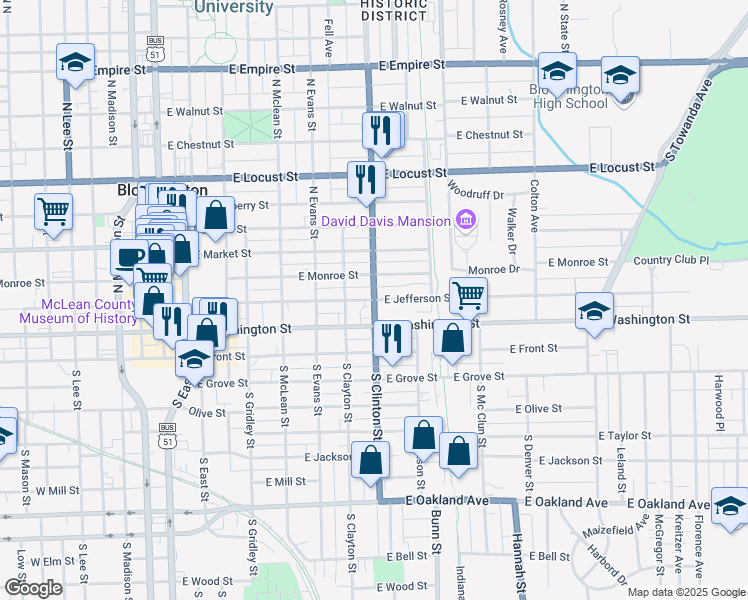 map of restaurants, bars, coffee shops, grocery stores, and more near East Jefferson Street in Bloomington