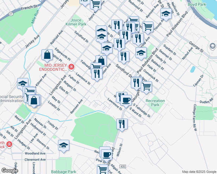 map of restaurants, bars, coffee shops, grocery stores, and more near 97 Lawrence Street in New Brunswick