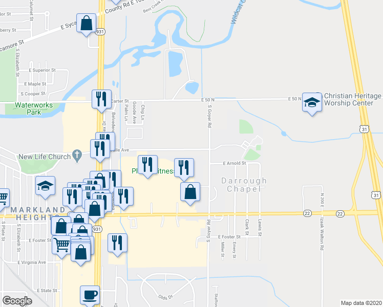map of restaurants, bars, coffee shops, grocery stores, and more near 2221 East Vaile Avenue in Kokomo