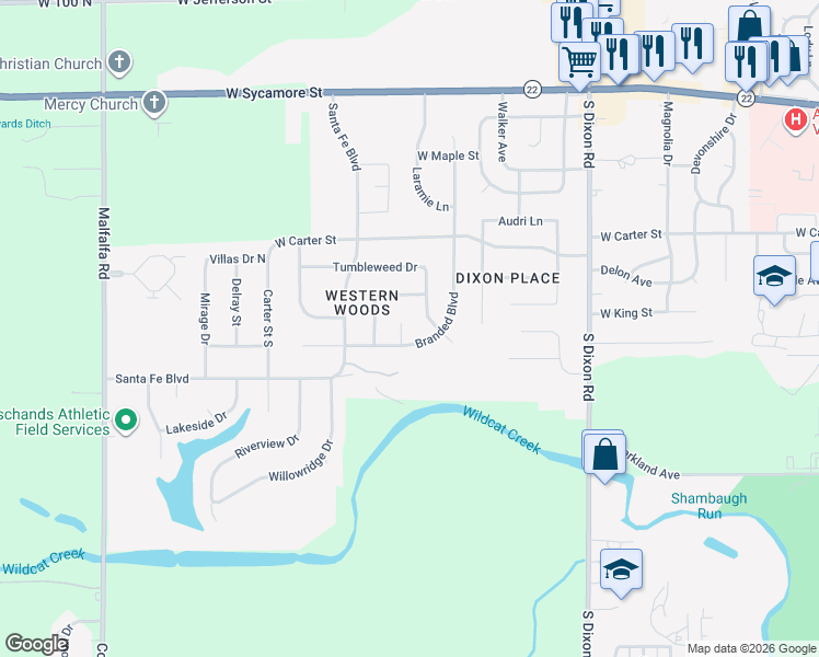 map of restaurants, bars, coffee shops, grocery stores, and more near 522 Long Branch Court in Kokomo