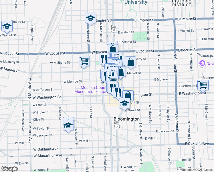 map of restaurants, bars, coffee shops, grocery stores, and more near 207 West Jefferson Street in Bloomington