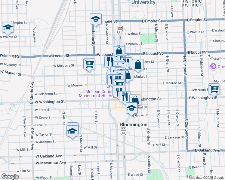 map of restaurants, bars, coffee shops, grocery stores, and more near 207 West Jefferson Street in Bloomington