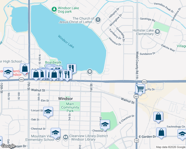 map of restaurants, bars, coffee shops, grocery stores, and more near 25 Ash Street in Windsor