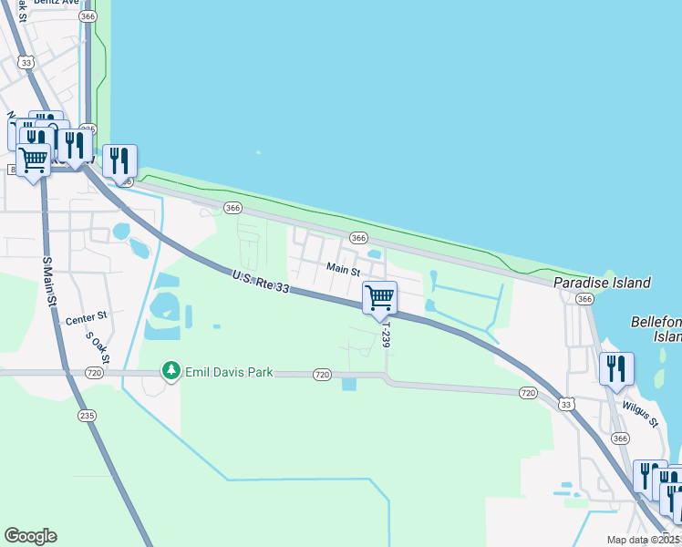 map of restaurants, bars, coffee shops, grocery stores, and more near 10777 West Main Street in Lakeview