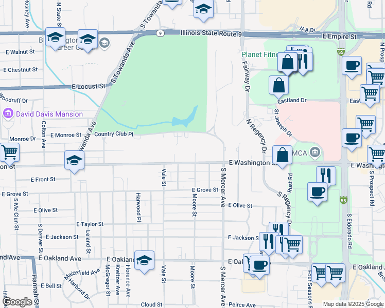 map of restaurants, bars, coffee shops, grocery stores, and more near 1508 E Washington St in Bloomington