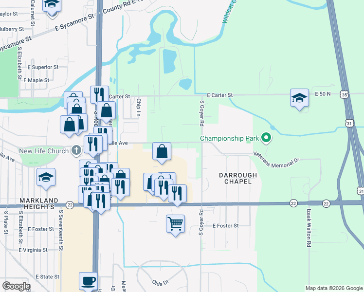 map of restaurants, bars, coffee shops, grocery stores, and more near 2221 East Vaile Avenue in Kokomo