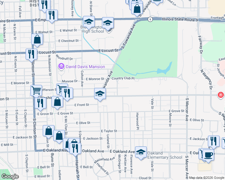 map of restaurants, bars, coffee shops, grocery stores, and more near 1205 East Jefferson Street in Bloomington