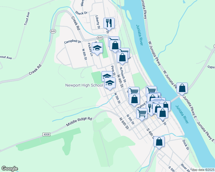 map of restaurants, bars, coffee shops, grocery stores, and more near 500 Caroline Street in Newport