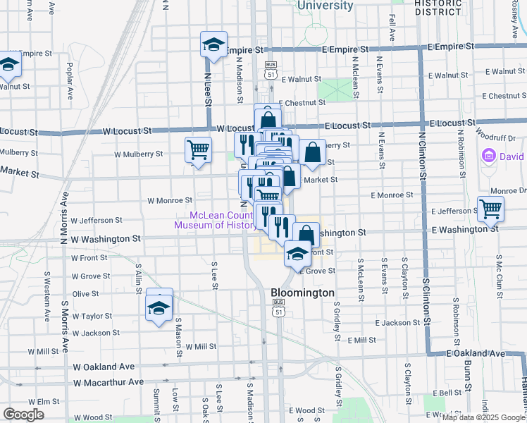 map of restaurants, bars, coffee shops, grocery stores, and more near 207 West Jefferson Street in Bloomington