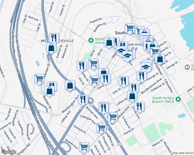 map of restaurants, bars, coffee shops, grocery stores, and more near 515 Washington Avenue in South Amboy