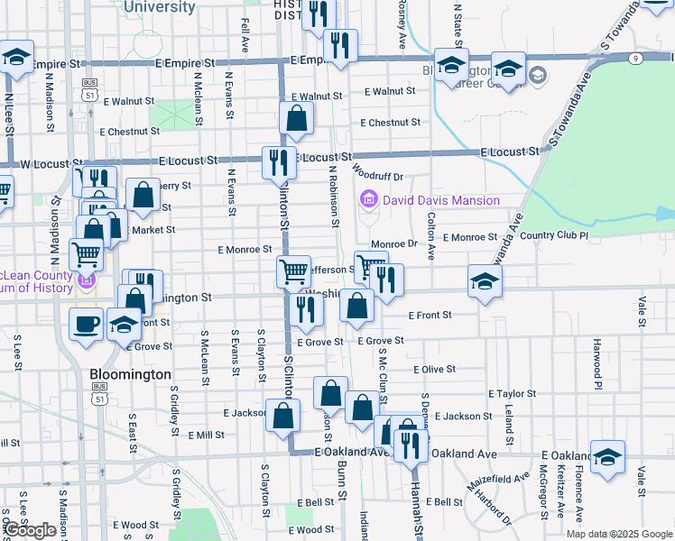 map of restaurants, bars, coffee shops, grocery stores, and more near East Jefferson Street in Bloomington