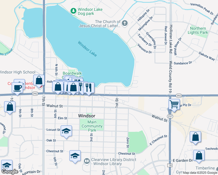 map of restaurants, bars, coffee shops, grocery stores, and more near 121 Ash Street in Windsor