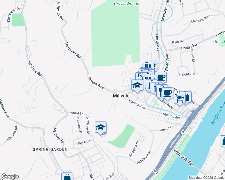 map of restaurants, bars, coffee shops, grocery stores, and more near 829 Stanton Avenue in Pittsburgh