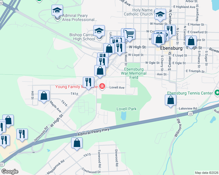map of restaurants, bars, coffee shops, grocery stores, and more near 153 Lovell Ave in Ebensburg