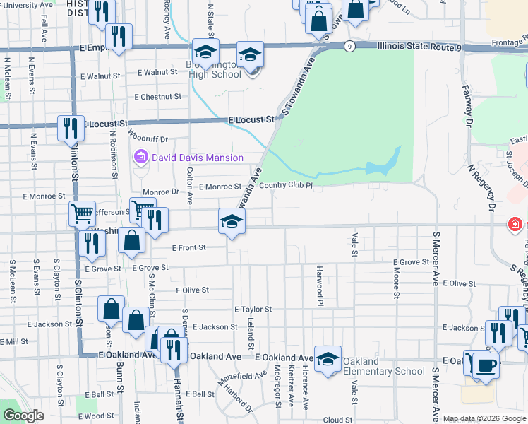 map of restaurants, bars, coffee shops, grocery stores, and more near 1213 East Jefferson Street in Bloomington