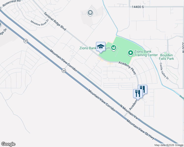 map of restaurants, bars, coffee shops, grocery stores, and more near 14887 South Lost Miner Lane in Herriman