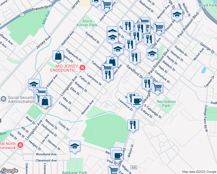 map of restaurants, bars, coffee shops, grocery stores, and more near 134 Lawrence Street in New Brunswick