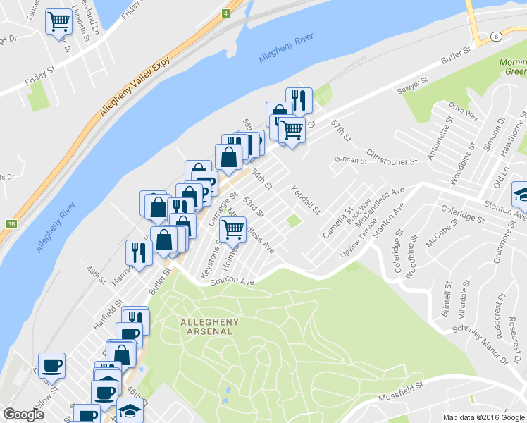 map of restaurants, bars, coffee shops, grocery stores, and more near in Pittsburgh