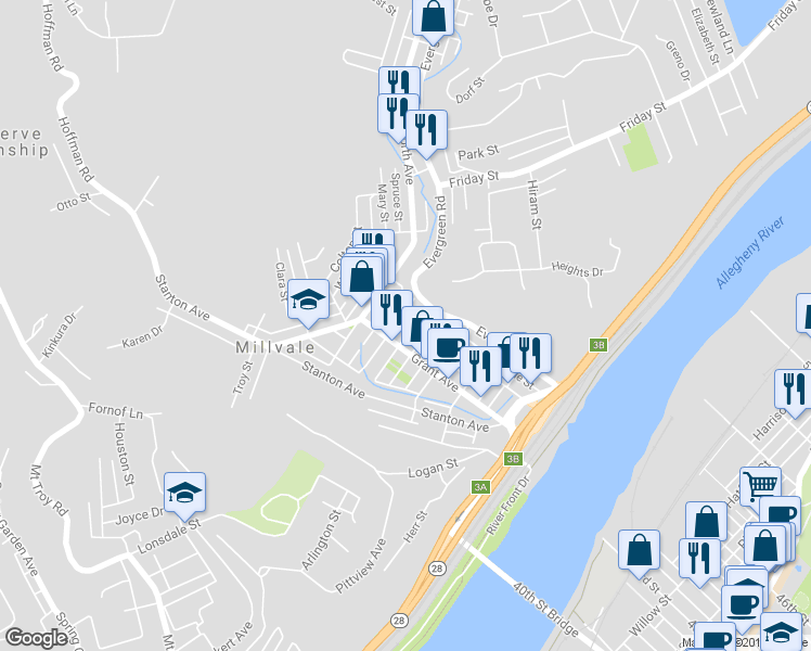 map of restaurants, bars, coffee shops, grocery stores, and more near 125 Butler Street in Pittsburgh