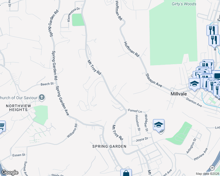 map of restaurants, bars, coffee shops, grocery stores, and more near 3073 Mount Troy Road in Pittsburgh