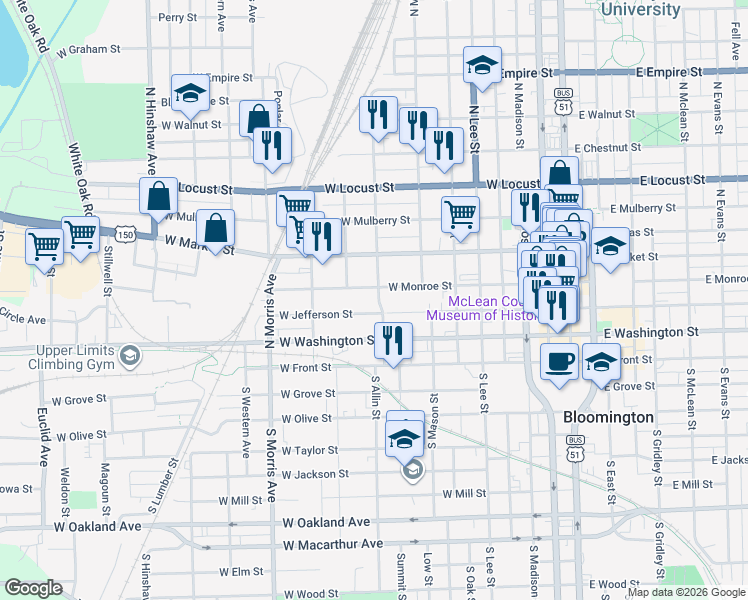 map of restaurants, bars, coffee shops, grocery stores, and more near 807 West Jefferson Street in Bloomington