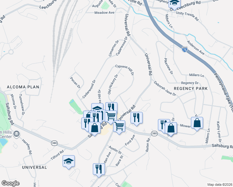 map of restaurants, bars, coffee shops, grocery stores, and more near 165 Cypress Hill Dr in Pittsburgh