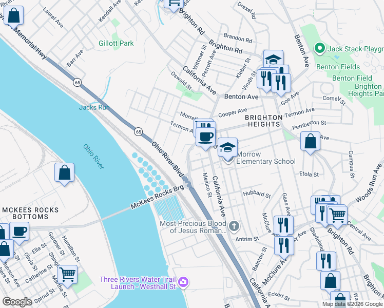 map of restaurants, bars, coffee shops, grocery stores, and more near 3632 Grenada Street in Pittsburgh