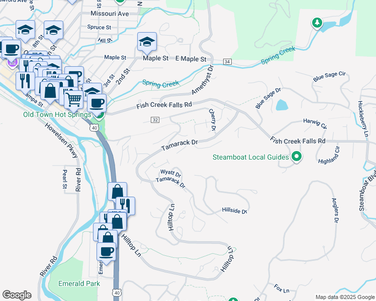 map of restaurants, bars, coffee shops, grocery stores, and more near 335 Blackberry Lane in Steamboat Springs