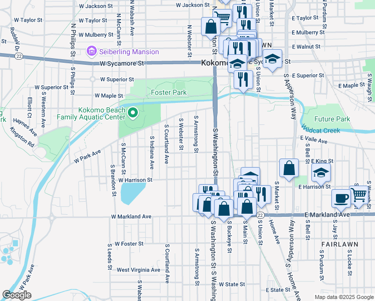 map of restaurants, bars, coffee shops, grocery stores, and more near 414 West King Street in Kokomo